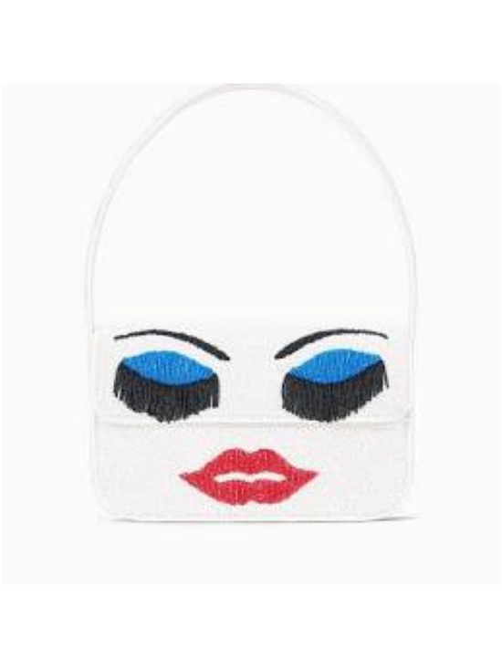 STAUD Handbags - STAUD White Beaded Shoulder Bag with Blue Eyelash Detail and Red Lip Motif